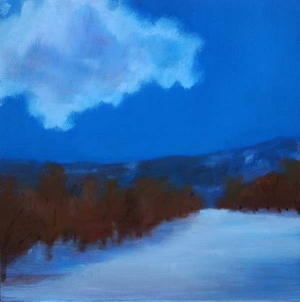 Painting of Snow covered Provence with winter trees and a floating cloud