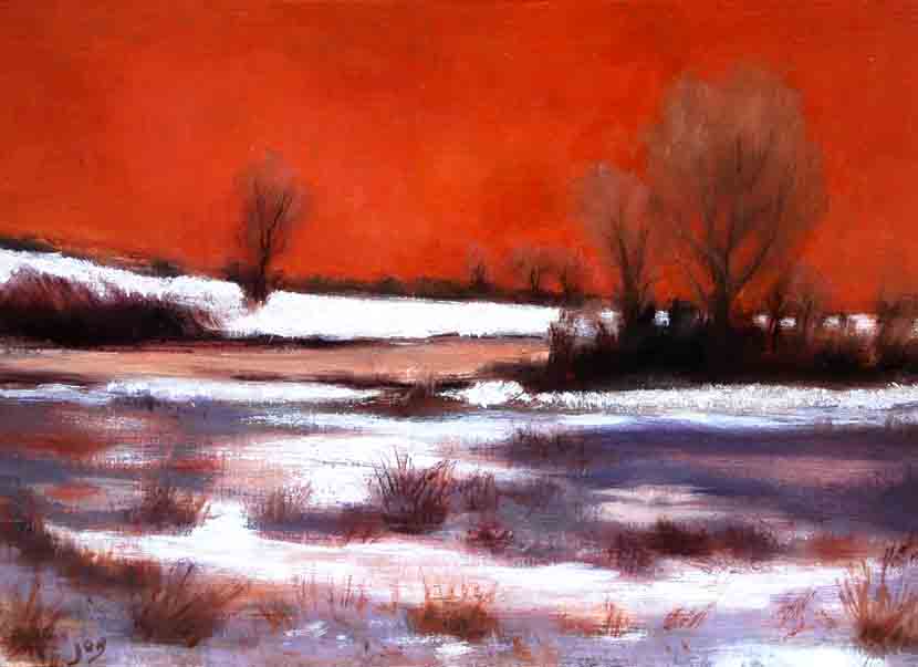 Landscape Painting with snow covered fields, Sunset in Winter Season
