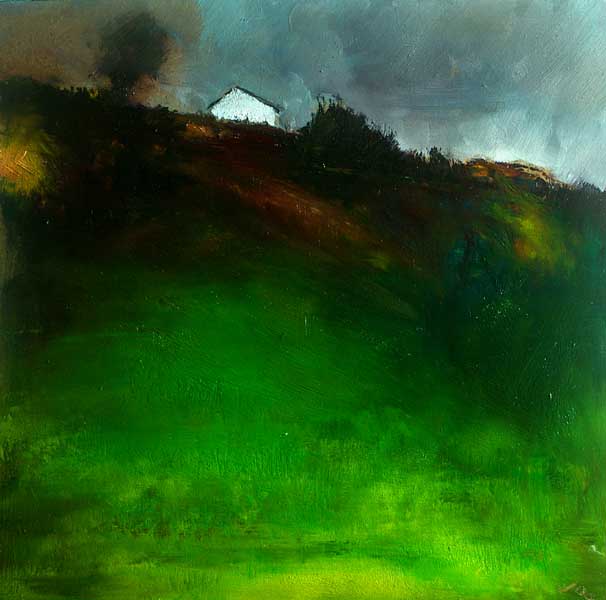 Hill with  green grass, Irish cottage